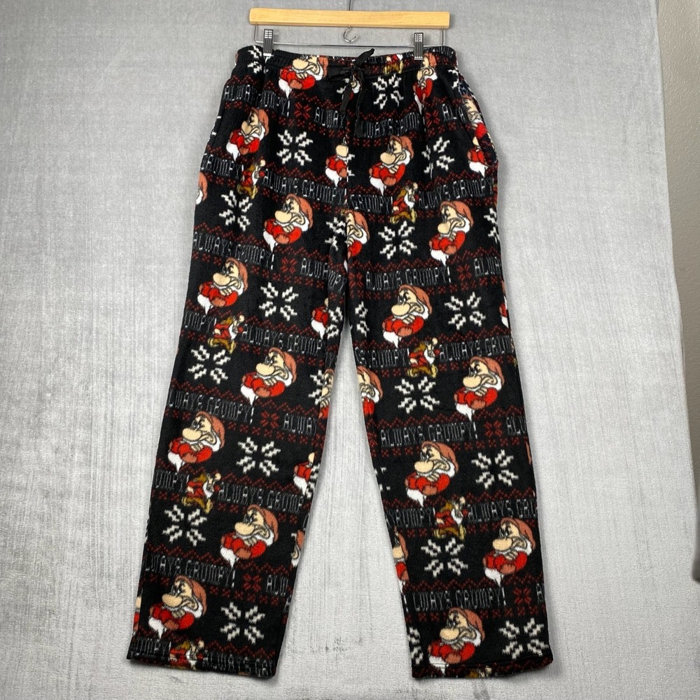 Disney Mens Pajama Pants Size L Grumpy Dwarves Fuzzy Christmas Holidays Pockets